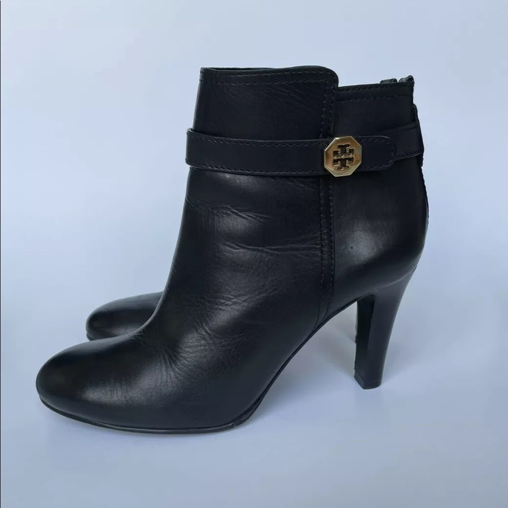 Tory Burch Black Leather Ankle Booties with Gold Logo
